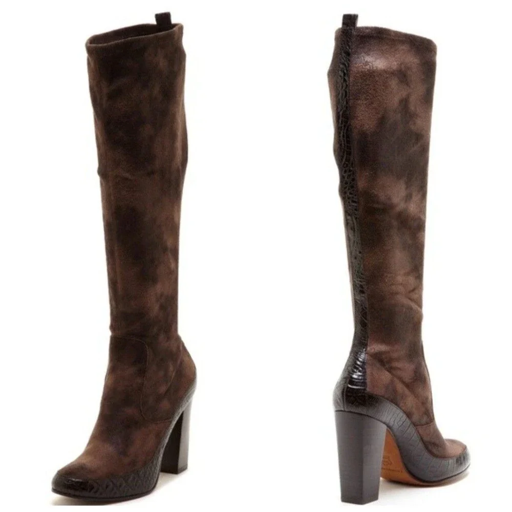 Donald J Pliner Chenia Knee Heel Boot Brown 6.5 Suede Croc Leather Dark Academia